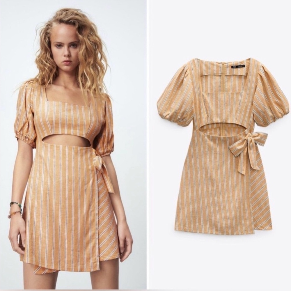 Zara Sunkissed Linen Cutout Mini Coastal Cowgirl Cottagecore Mustard Yellow M